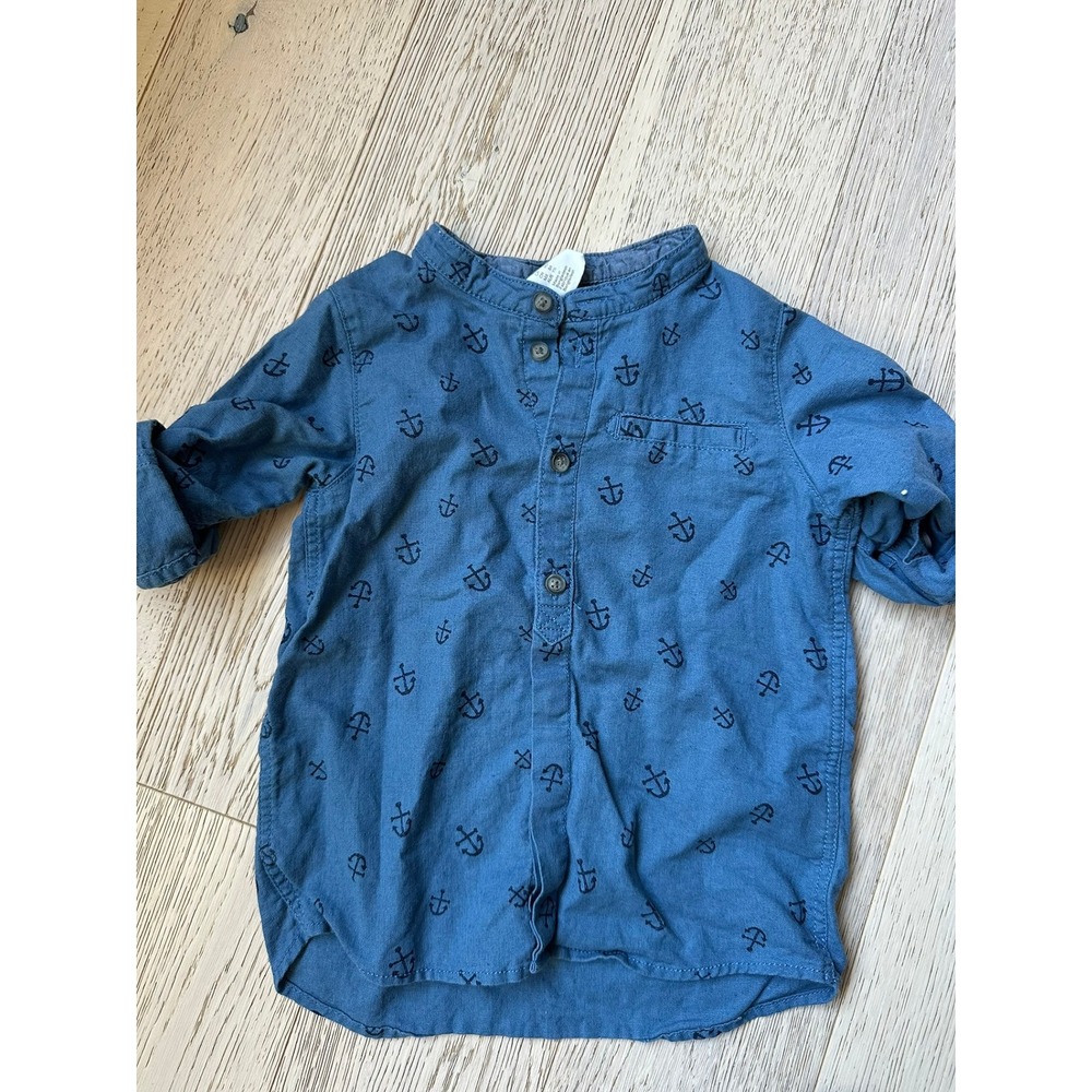 HM Kids Blue Anchor Print Mandarin Collar Button Down Shirt 12-18M